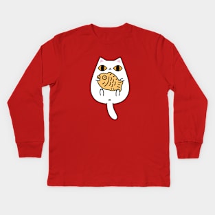 White Cat Holding a Taiyaki Cake Kids Long Sleeve T-Shirt